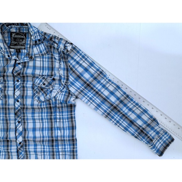 Buckle Black Label Shirt Mens XL Athletic Fit Plaid Raw Hem Studded Snap Button - Picture 9 of 9